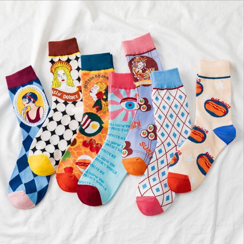 Spring Collection of Japanese Lolita Women&#39;s Wear Cartoon Woman, Eyes, Diamond, Diamond Squares,Hot Dog Pattern Cotton Socks