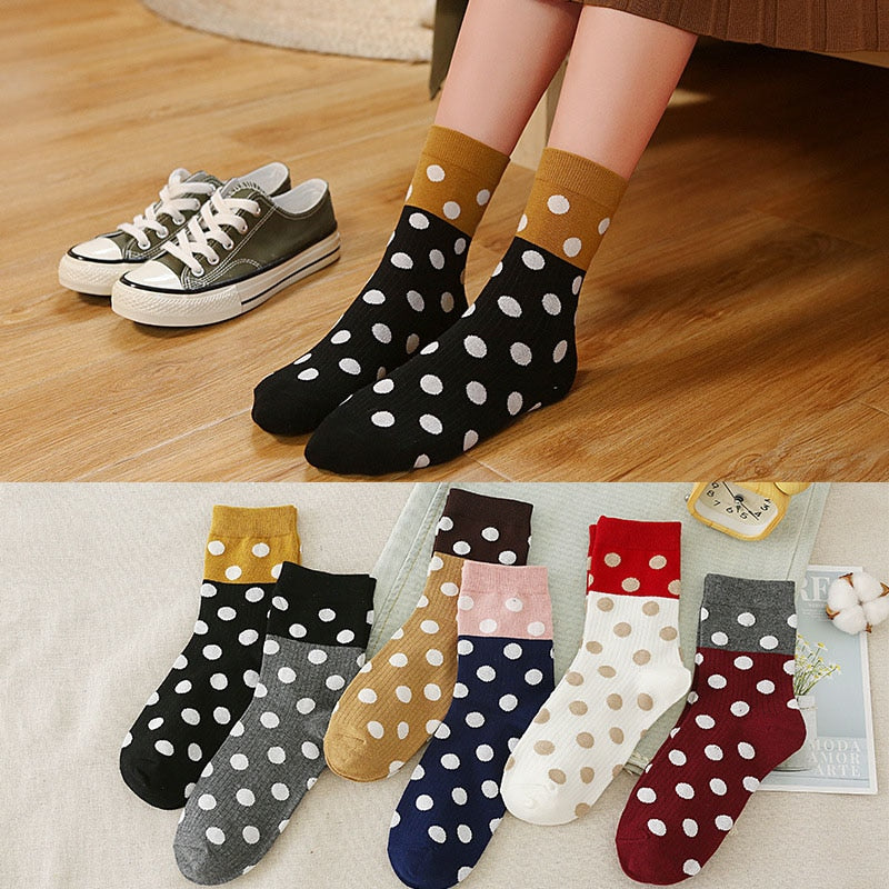 Funny Solid White Dot Cute Women Crew Cotton Socks Harajuku Casual Breathable Summer Winter Middle Tube For Ladies Girls Socks