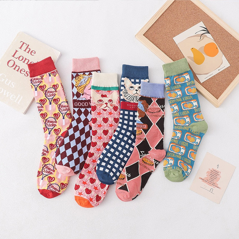 Fashion Colorful Pattern Cotton Mens Women Socks Middle Tube Funny Casual Crew Socks Girls Cute Harajuku Ankle For Ladies Socks