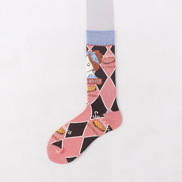 Fashion Colorful Pattern Cotton Mens Women Socks Middle Tube Funny Casual Crew Socks Girls Cute Harajuku Ankle For Ladies Socks