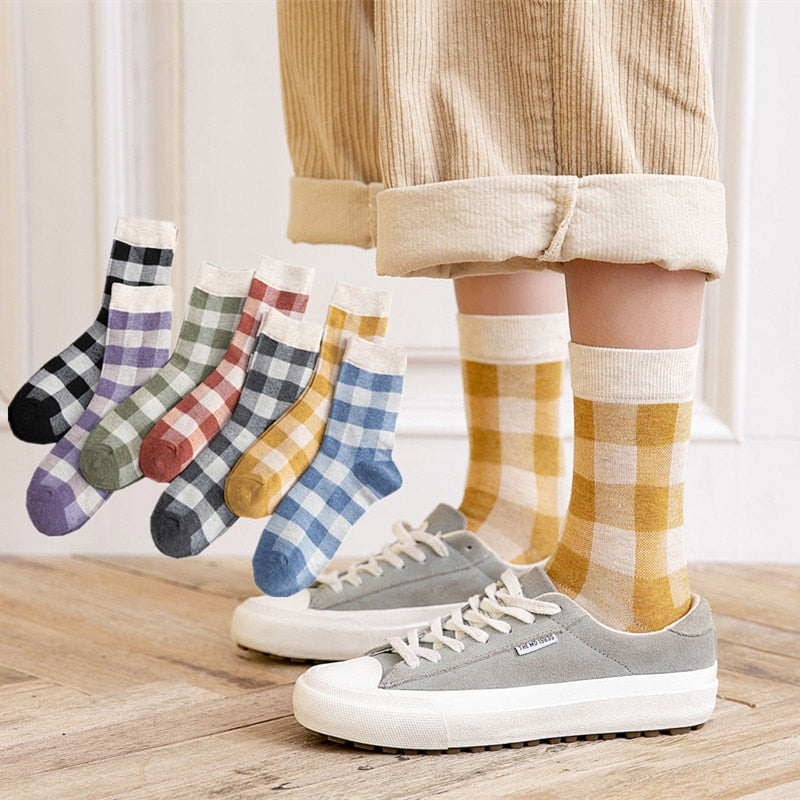 High Quality 1 Pack Colorful Plaid Women Cotton Socks For Spring Winter Happy Gifts Korea Style Cute Ladies Casual Crew Socks