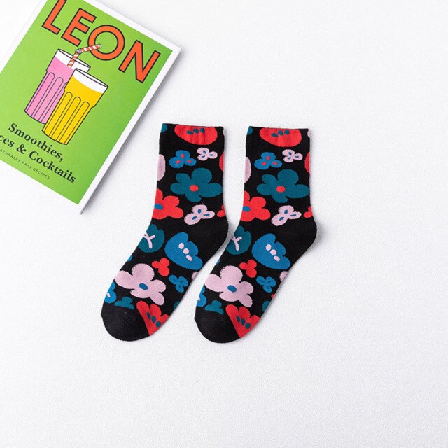 High Quality Delicate Funny Flower Pattern Cotton Men&#39;s Women Crew Socks Colourful Casual Ankle Harajuku Print Cute Ladies socks