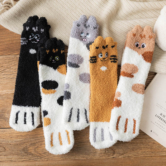 2 Pairs Winter Cute Cat Paw Cartoon Animals Pattern Cotton Woman Floor Socks Gifts For Ladies Crew Sox With Very Fast Shipping