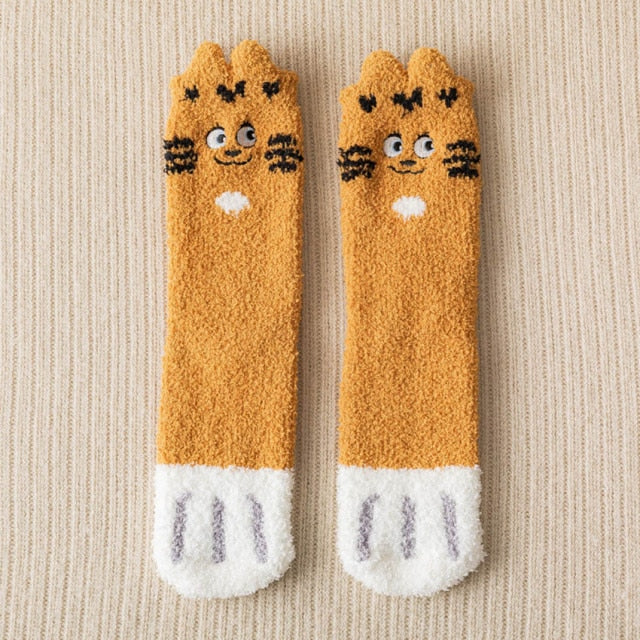 2 Pairs Winter Cute Cat Paw Cartoon Animals Pattern Cotton Woman Floor Socks Gifts For Ladies Crew Sox With Very Fast Shipping