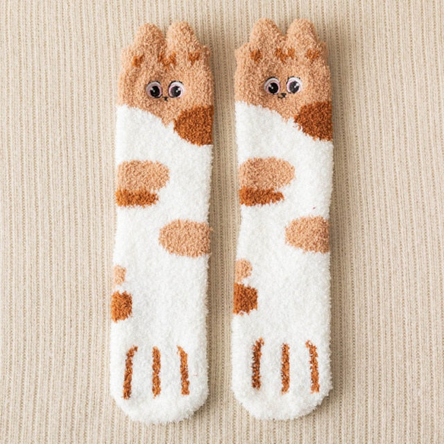 2 Pairs Winter Cute Cat Paw Cartoon Animals Pattern Cotton Woman Floor Socks Gifts For Ladies Crew Sox With Very Fast Shipping