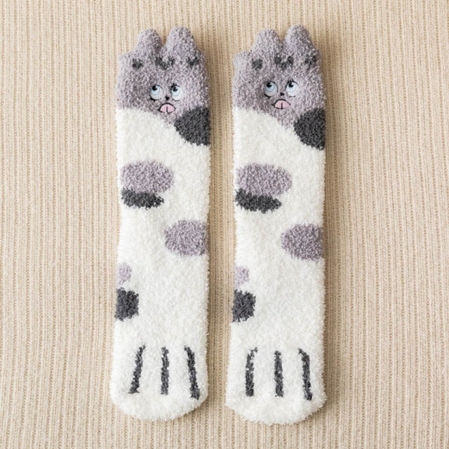 2 Pairs Winter Cute Cat Paw Cartoon Animals Pattern Cotton Woman Floor Socks Gifts For Ladies Crew Sox With Very Fast Shipping