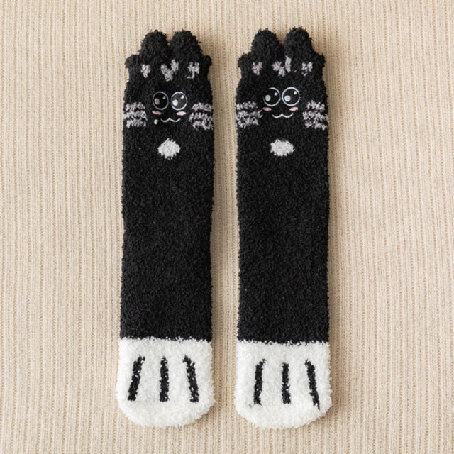 2 Pairs Winter Cute Cat Paw Cartoon Animals Pattern Cotton Woman Floor Socks Gifts For Ladies Crew Sox With Very Fast Shipping