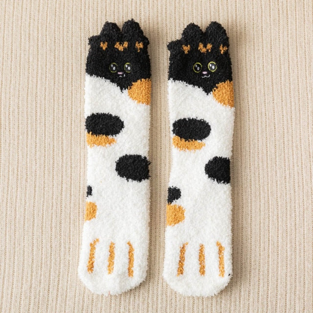 2 Pairs Winter Cute Cat Paw Cartoon Animals Pattern Cotton Woman Floor Socks Gifts For Ladies Crew Sox With Very Fast Shipping