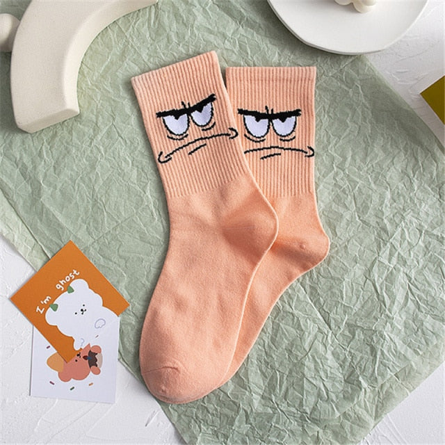 Funny Expression Of Color Cartoon Eyes Couple Socks Woman Kawaii Ladies Cartoon Print  charactor Autumn Pattern tube socks