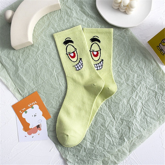 Funny Expression Of Color Cartoon Eyes Couple Socks Woman Kawaii Ladies Cartoon Print  charactor Autumn Pattern tube socks